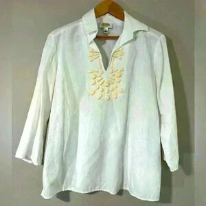 Talbots White Top Shirt Ivory Beads V Neck